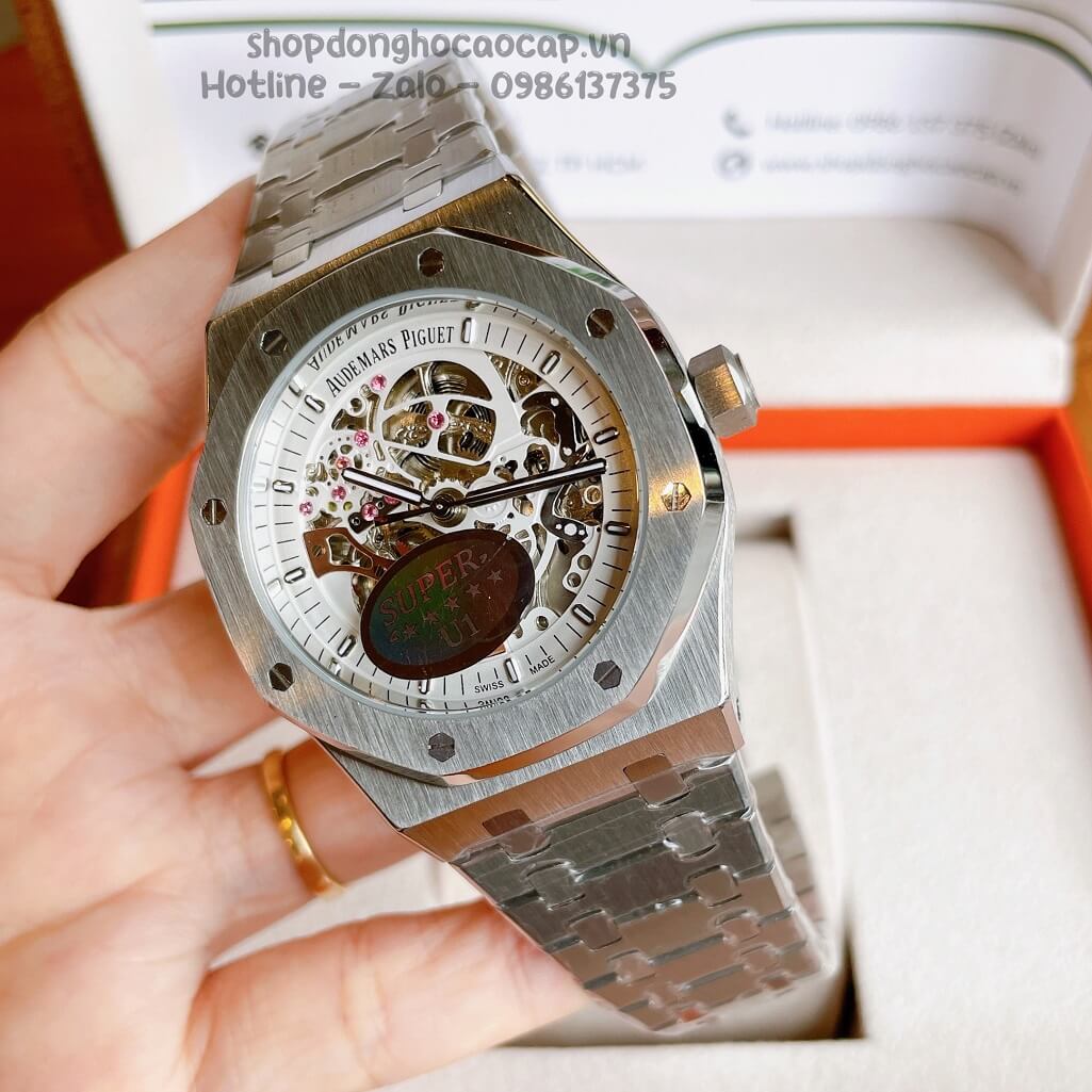 Đồng Hồ Audemars Piguet Royal Oak Automatic Dây Thép Màu Silver Mặt Trắng Lộ Máy Trước Sau 42mm