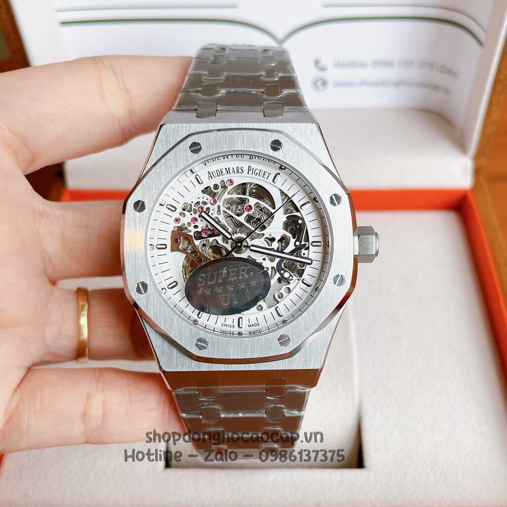 Đồng Hồ Audemars Piguet Royal Oak Automatic Dây Thép Màu Silver Mặt Trắng Lộ Máy Trước Sau 42mm