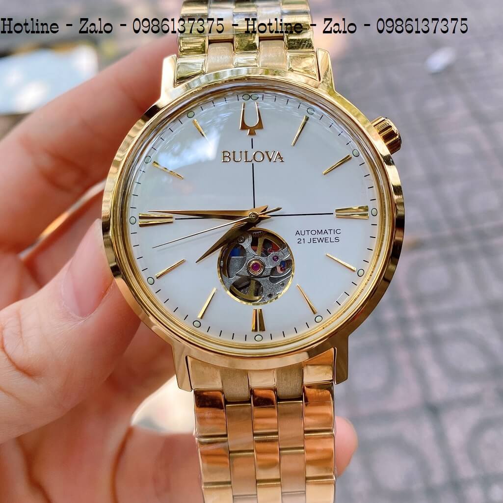 Đồng Hồ Nam Bulova Automatic Dây Vàng Mặt Trắng 41mm