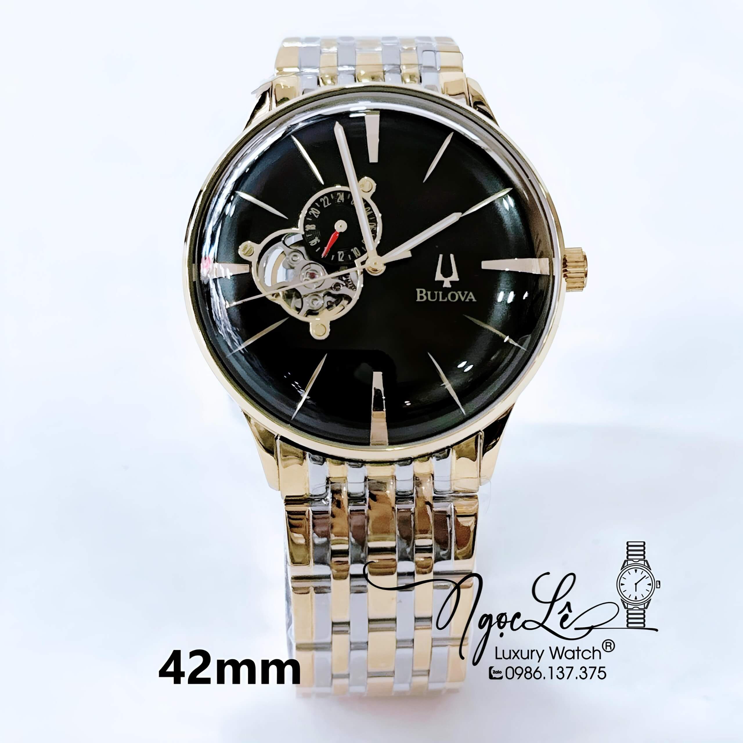 Đồng Hồ Nam Bulova Tự Động Dây Kim Loại Màu Demi Vàng Mặt Đen Size 41mm