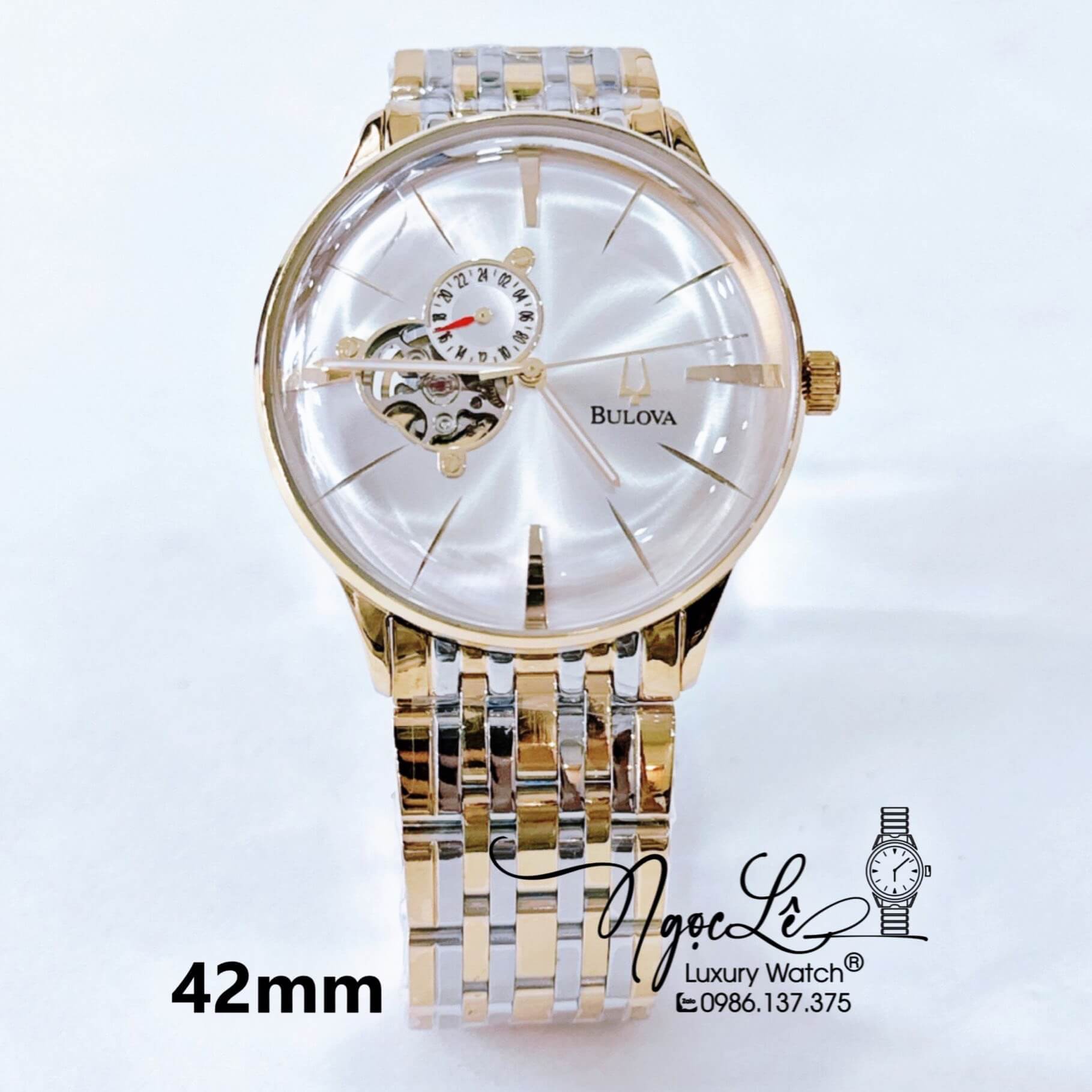 Đồng Hồ Nam Bulova Tự Động Dây Kim Loại Màu Demi Vàng Mặt Trắng Size 41mm