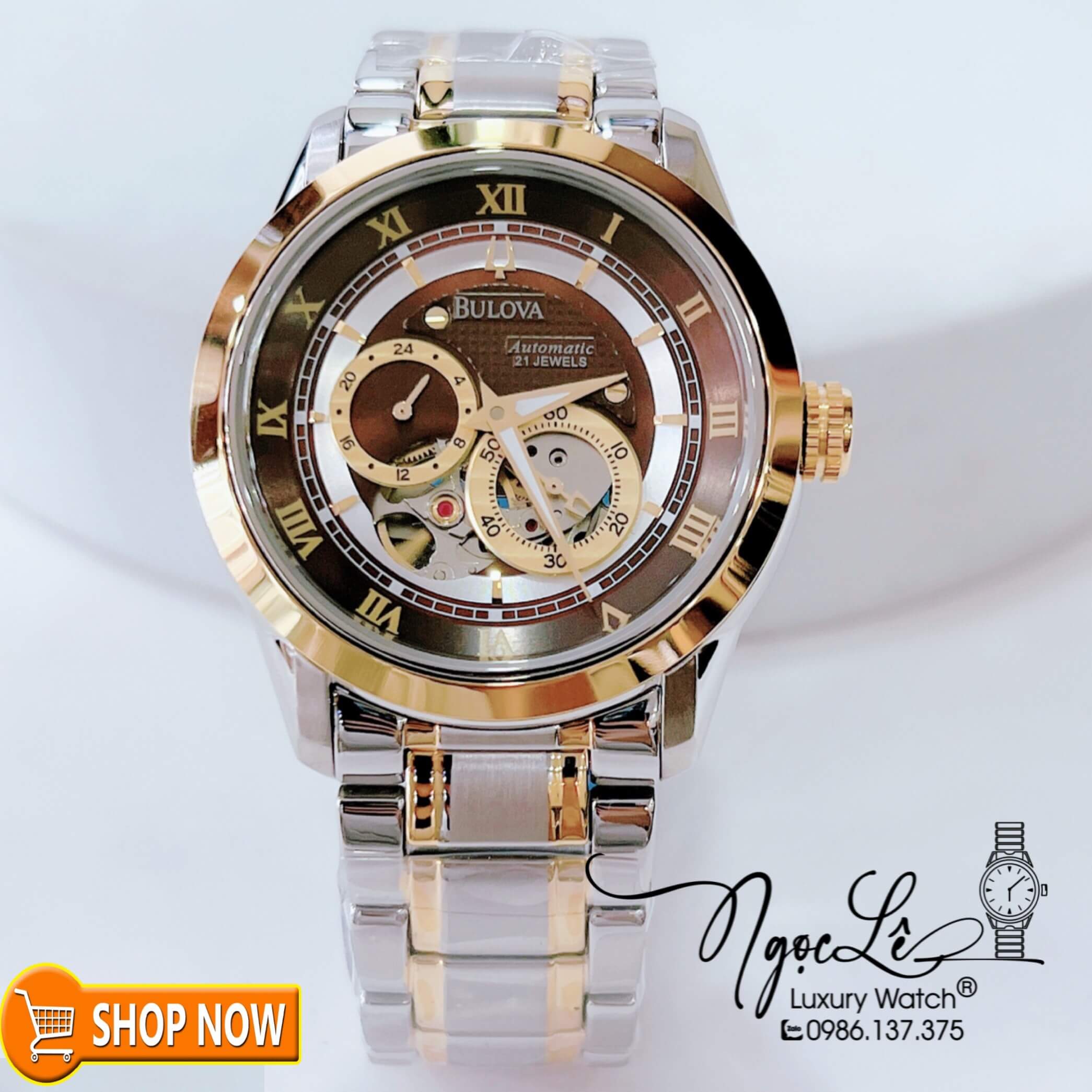 Đồng Hồ Nam Bulova 96A118 Máy Cơ Tự Động Dây Kim Loại Demi Mặt Nâu Size 42mm