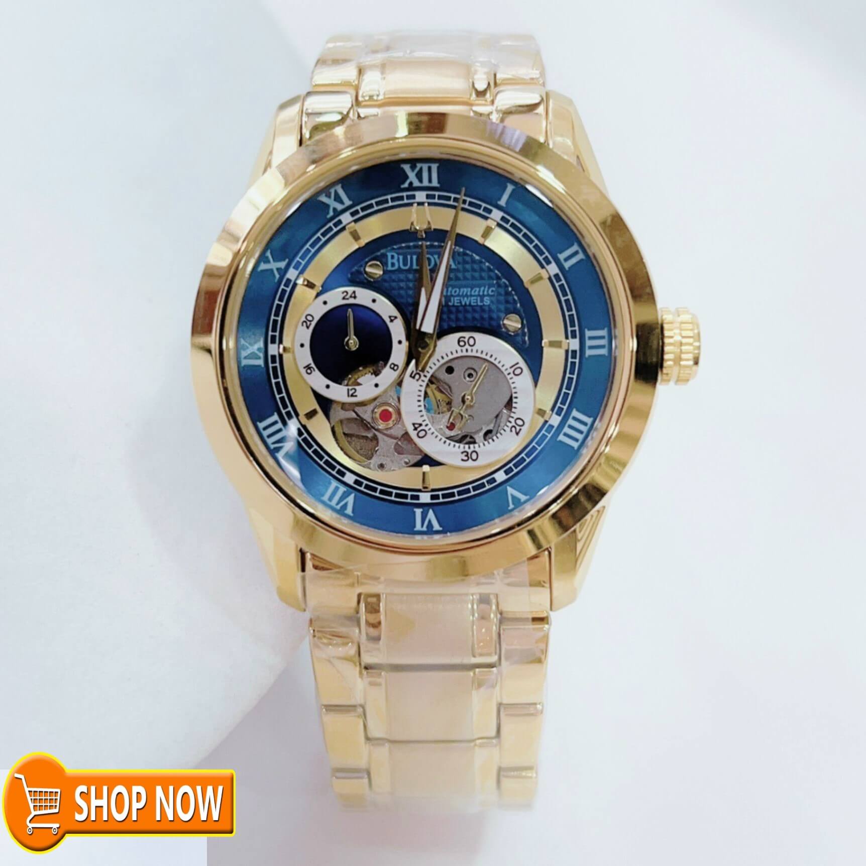 Đồng Hồ Nam Bulova 96A118 Máy Cơ Tự Động Dây Kim Loại Vàng Mặt Xanh Size 42mm