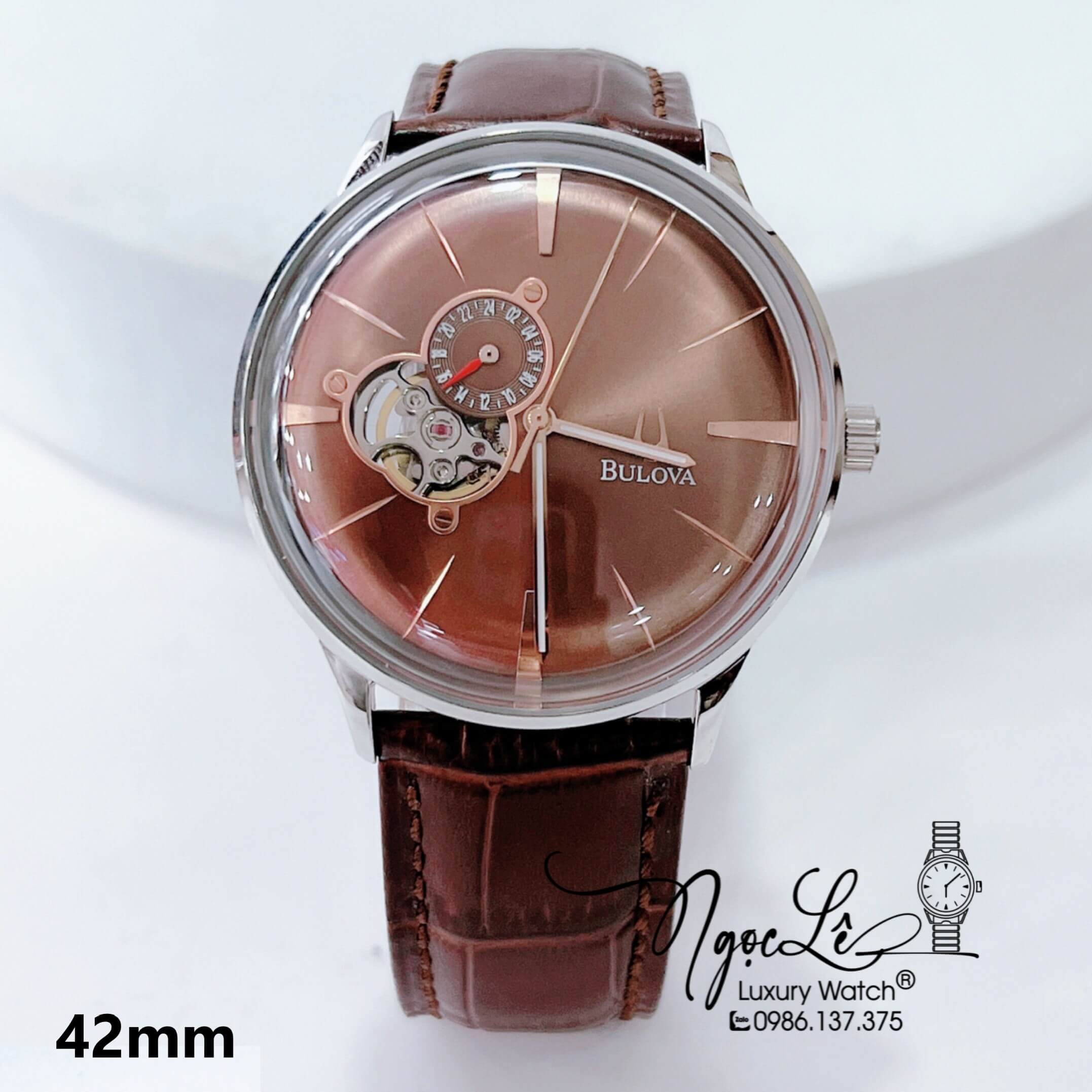 Đồng Hồ Nam Bulova Tự Động Dây Da Nâu Mặt Nâu Kim Rose Size 41mm