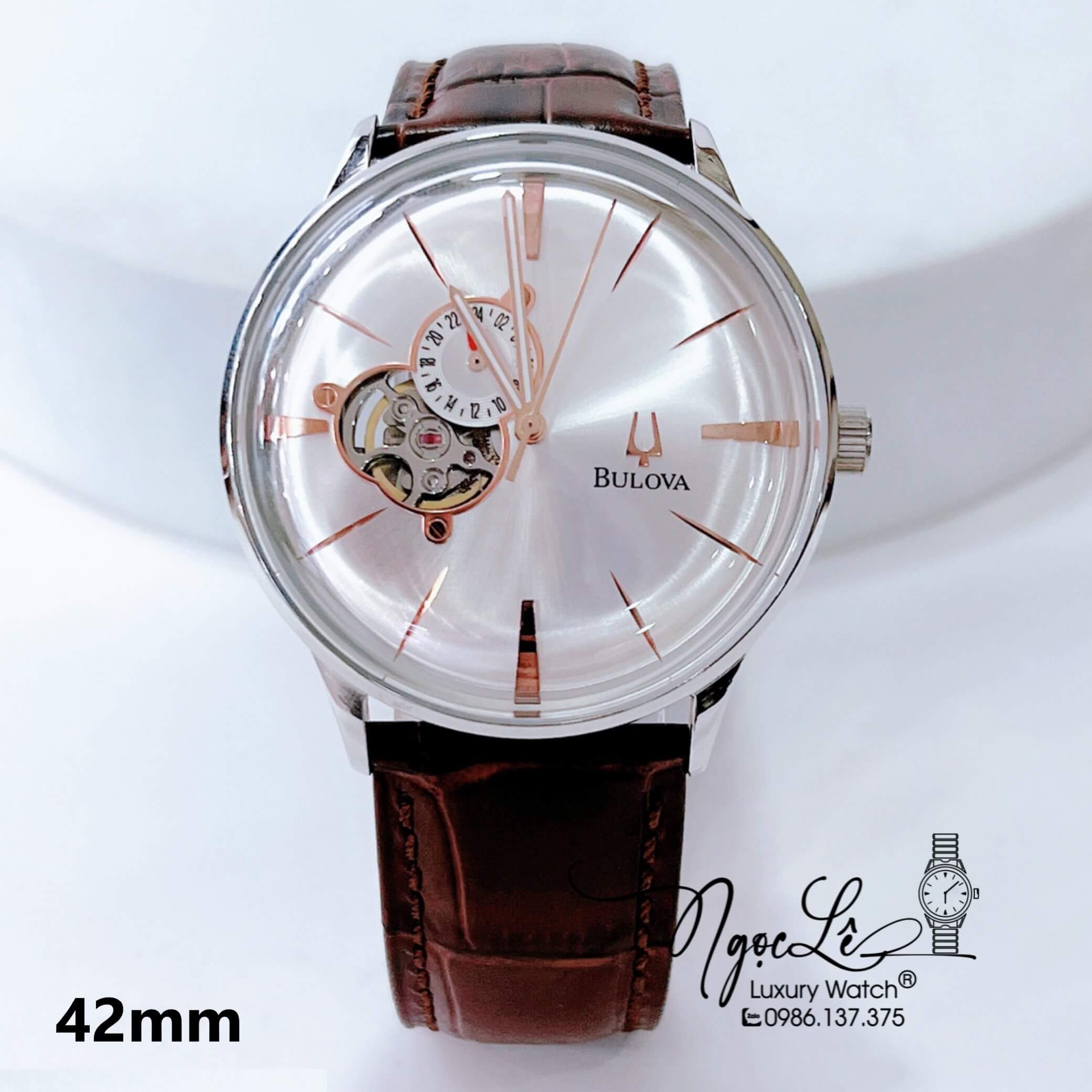 Đồng Hồ Nam Bulova Tự Động Dây Da Nâu Mặt Trắng Vỏ Bạc Kim Rose Size 41mm