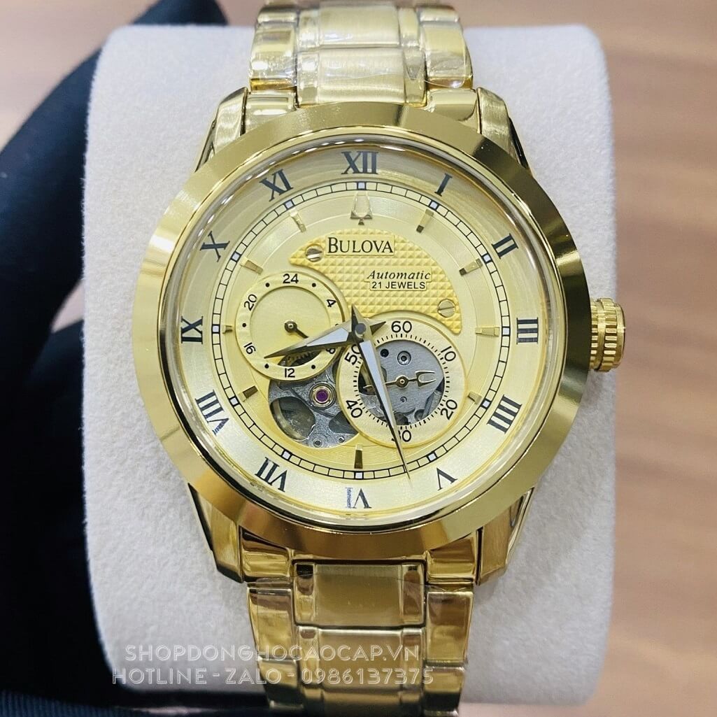 Đồng Hồ Nam Bulova 96A118 Tự Động Dây Kim Loại Vàng Mặt Vàng 42mm