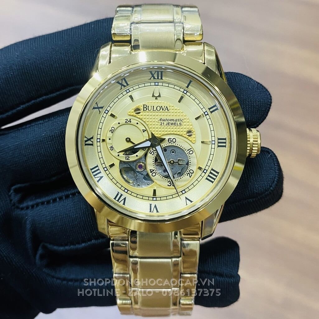 Đồng Hồ Nam Bulova 96A118 Tự Động Dây Kim Loại Vàng Mặt Vàng 42mm