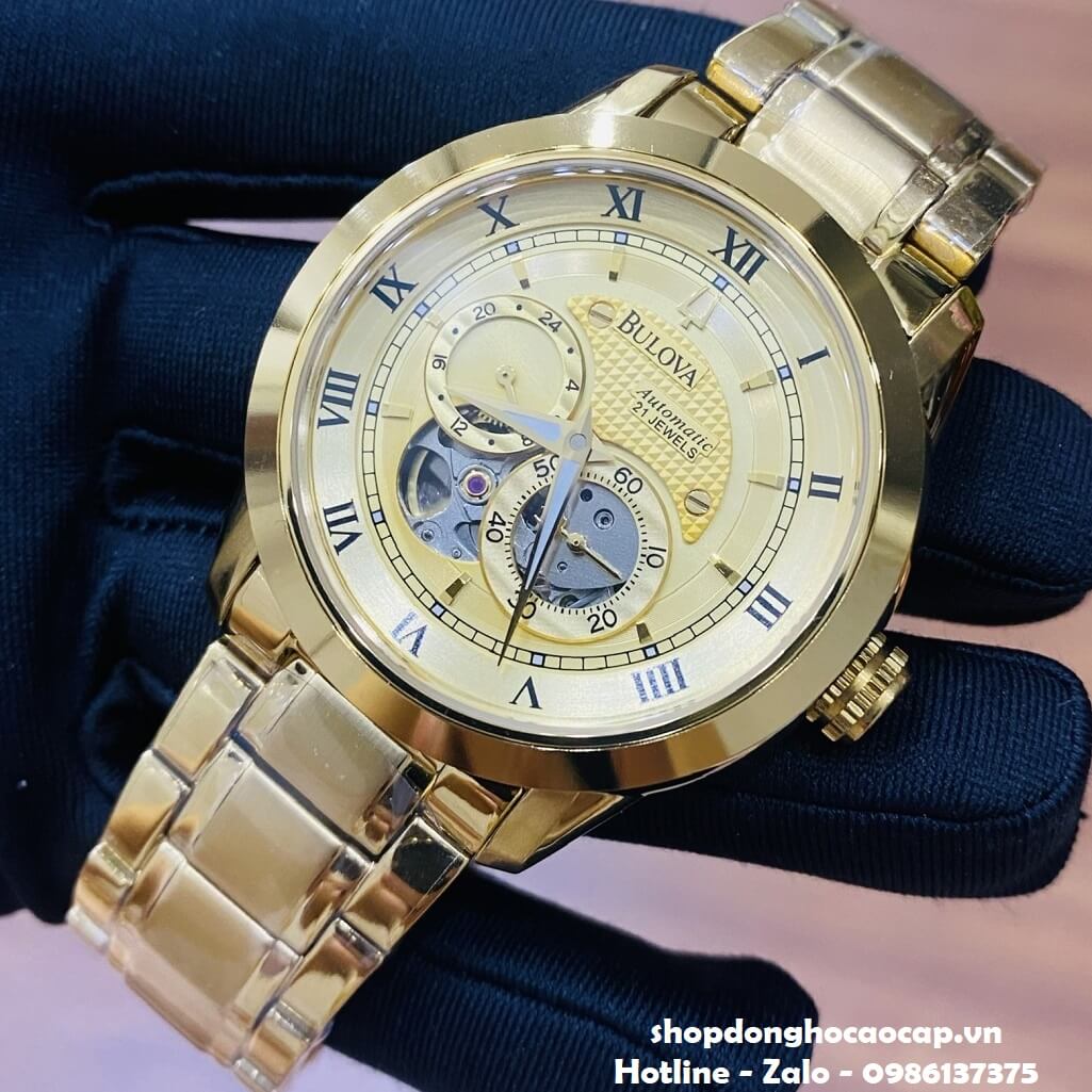 Đồng Hồ Nam Bulova 96A118 Tự Động Dây Kim Loại Vàng Mặt Vàng 42mm