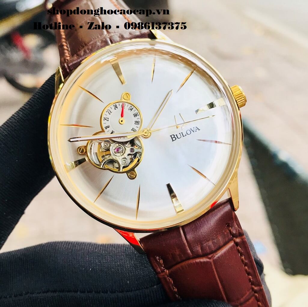 Đồng Hồ Bulova Tự Động Nam Dây Da Nâu Vỏ Vàng 41mm