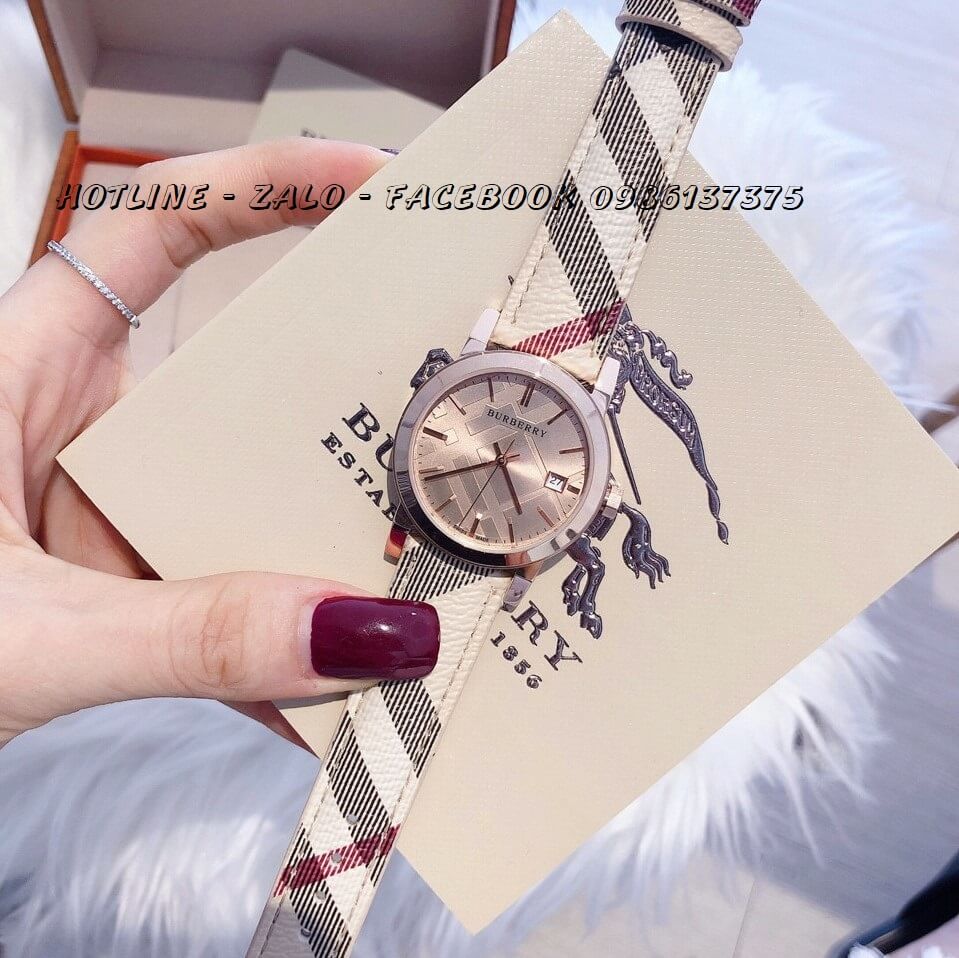 Đồng Hồ Burberry Nữ Dây Da Caro Nude 34mm Rose Gold