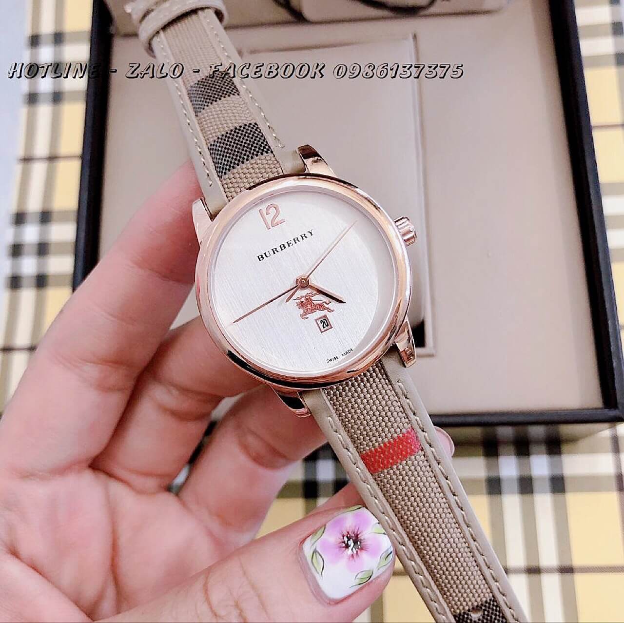 Đồng Hồ Burberry Nữ Dây Da Caro Nude 33mm Rose Gold