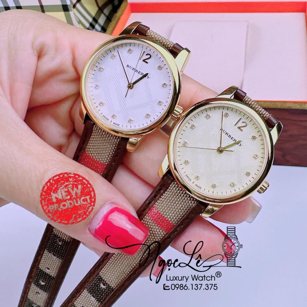 Đồng Hồ Burberry Nữ Dây Da Kẻ Sọc Caro Viền Đen Vỏ Vàng Size 32mm