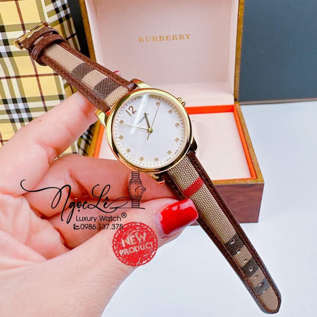 Đồng Hồ Burberry Nữ Dây Da Kẻ Sọc Caro Màu Nâu Vỏ Vàng Size 32mm