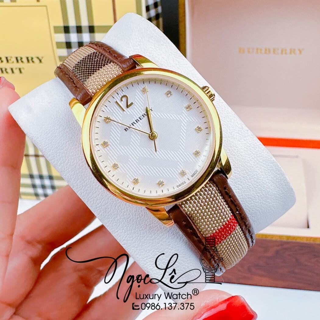 Đồng Hồ Burberry Nữ Dây Da Kẻ Sọc Caro Màu Nâu Vỏ Vàng Size 32mm