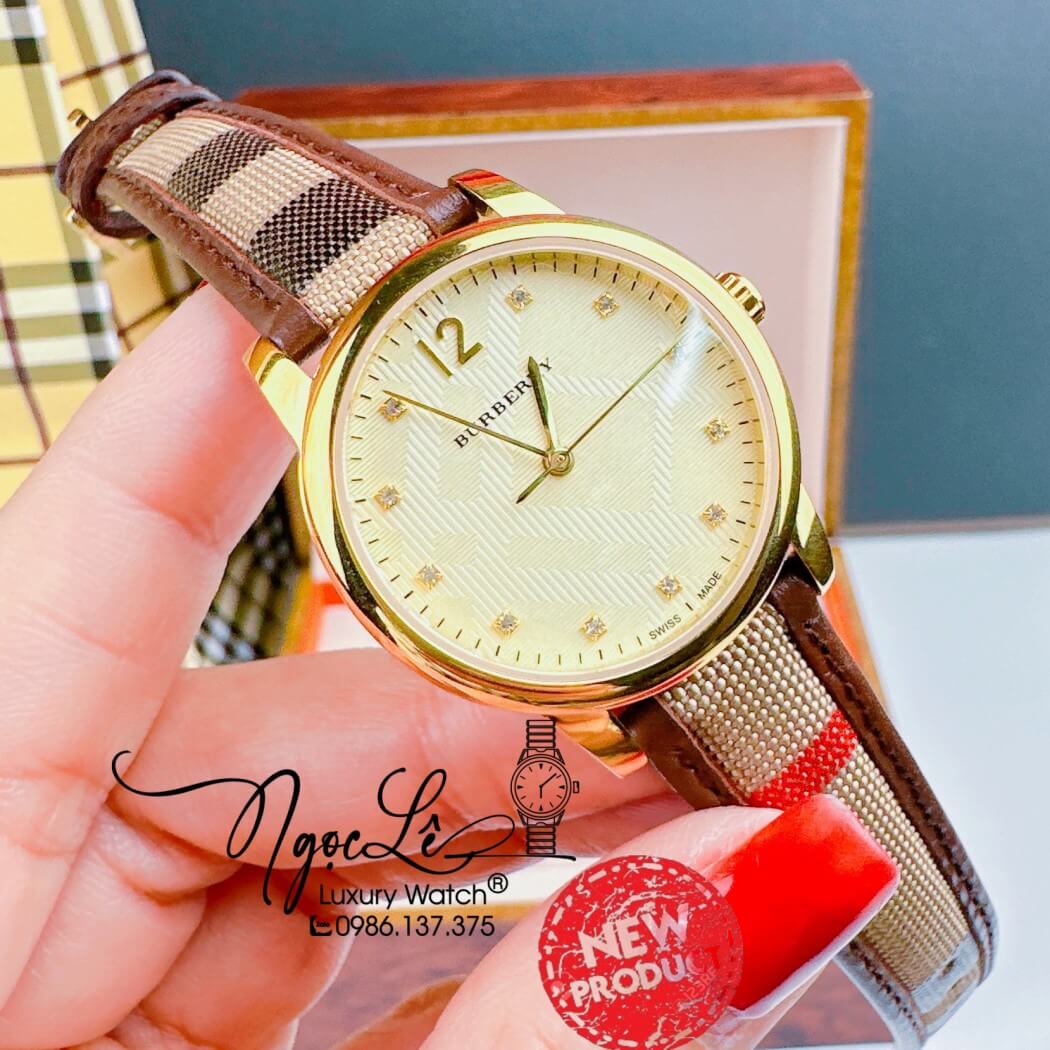 Đồng Hồ Burberry Nữ Dây Da Kẻ Sọc Caro Màu Nâu Mặt Vàng Size 32mm