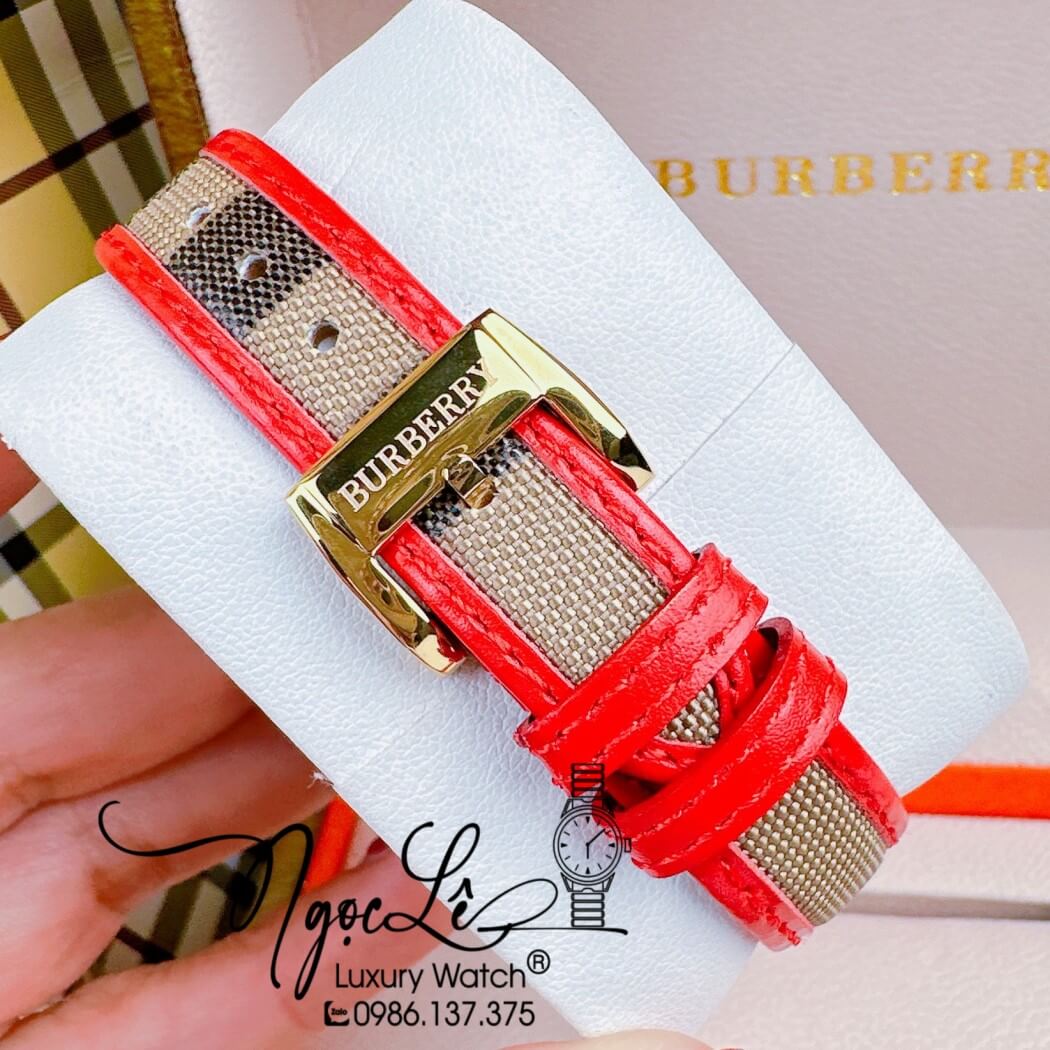 Đồng Hồ Burberry Nữ Dây Da Kẻ Sọc Caro Đỏ Mặt Vàng Size 32mm