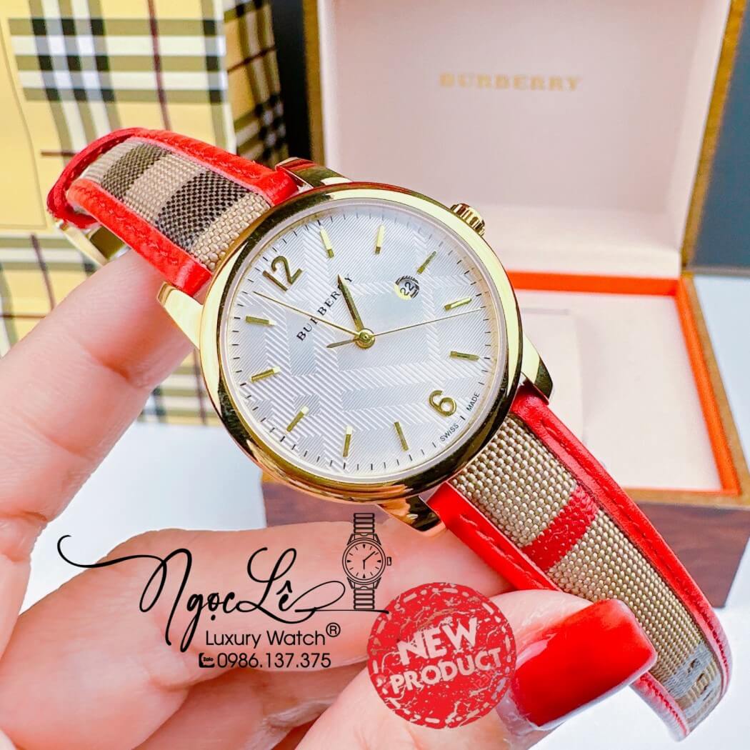 Đồng Hồ Burberry Nữ Dây Da Kẻ Sọc Caro Đỏ Vỏ Vàng Size 32mm