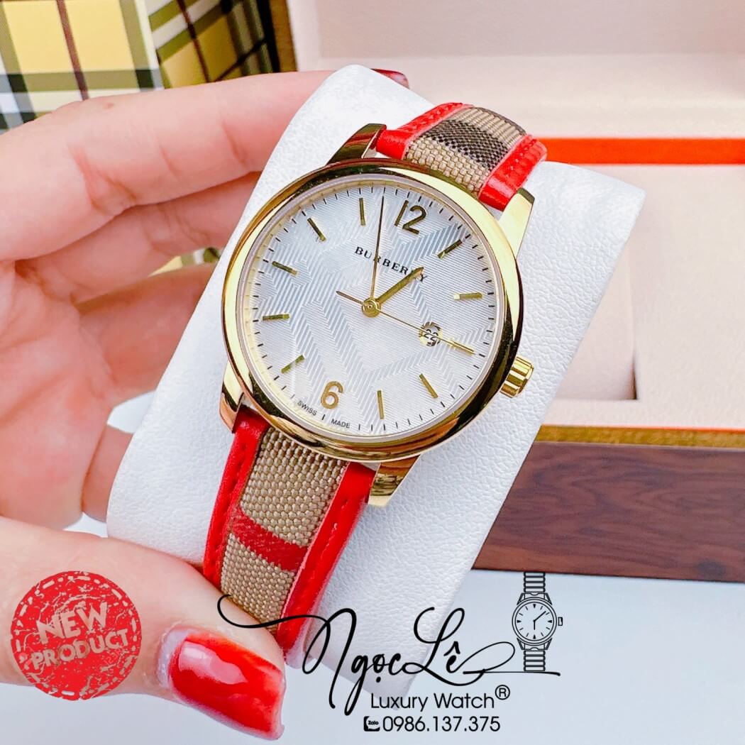 Đồng Hồ Burberry Nữ Dây Da Kẻ Sọc Caro Đỏ Vỏ Vàng Size 32mm