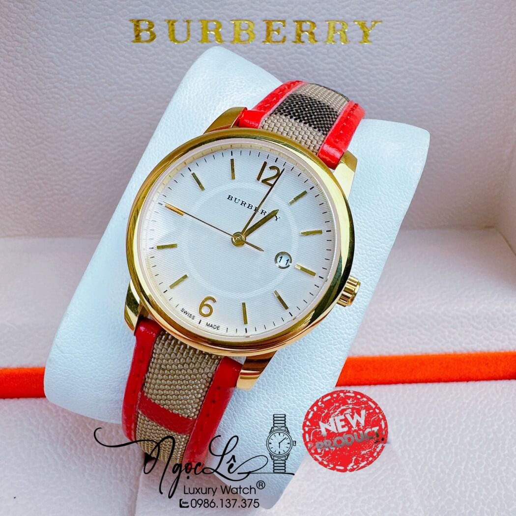 Đồng Hồ Burberry Nữ Dây Da Kẻ Sọc Caro Đỏ Vỏ Vàng Size 32mm