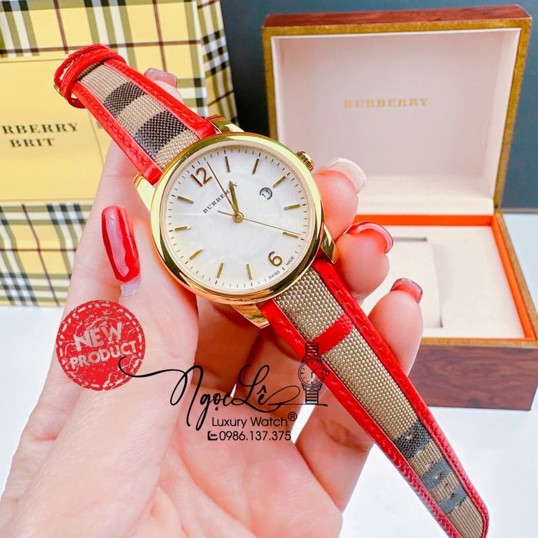 Đồng Hồ Burberry Nữ Dây Da Kẻ Sọc Caro Đỏ Vỏ Vàng Size 32mm