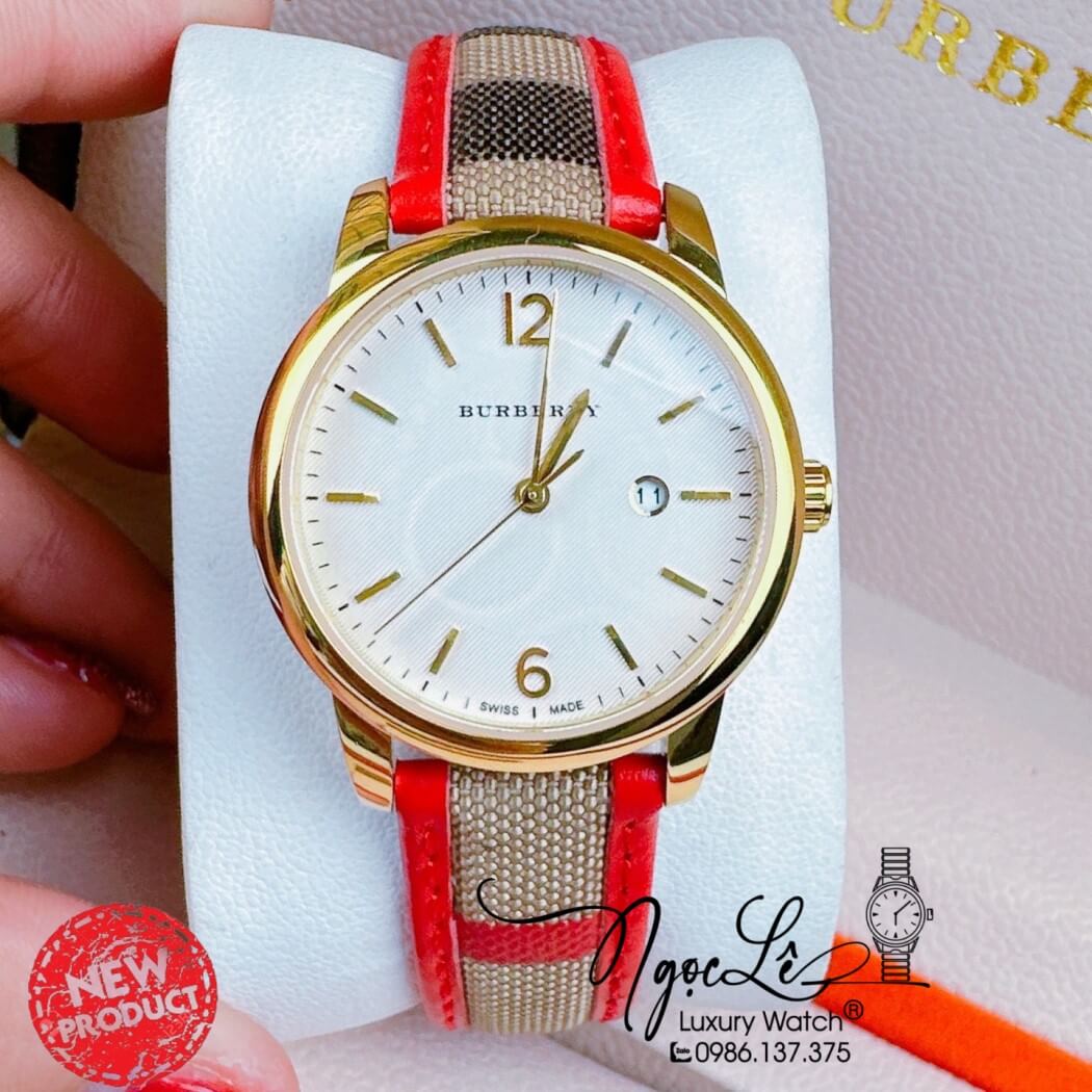 Đồng Hồ Burberry Nữ Dây Da Kẻ Sọc Caro Đỏ Vỏ Vàng Size 32mm