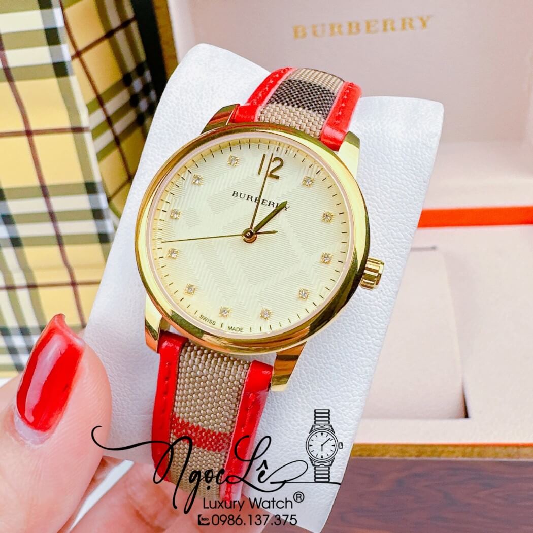 Đồng Hồ Burberry Nữ Dây Da Kẻ Sọc Caro Đỏ Mặt Vàng Size 32mm