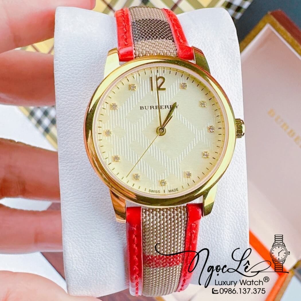 Đồng Hồ Burberry Nữ Dây Da Kẻ Sọc Caro Đỏ Mặt Vàng Size 32mm