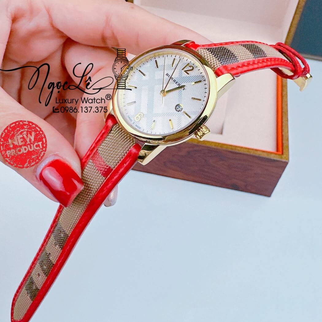 Đồng Hồ Burberry Nữ Dây Da Kẻ Sọc Caro Đỏ Vỏ Vàng Size 32mm