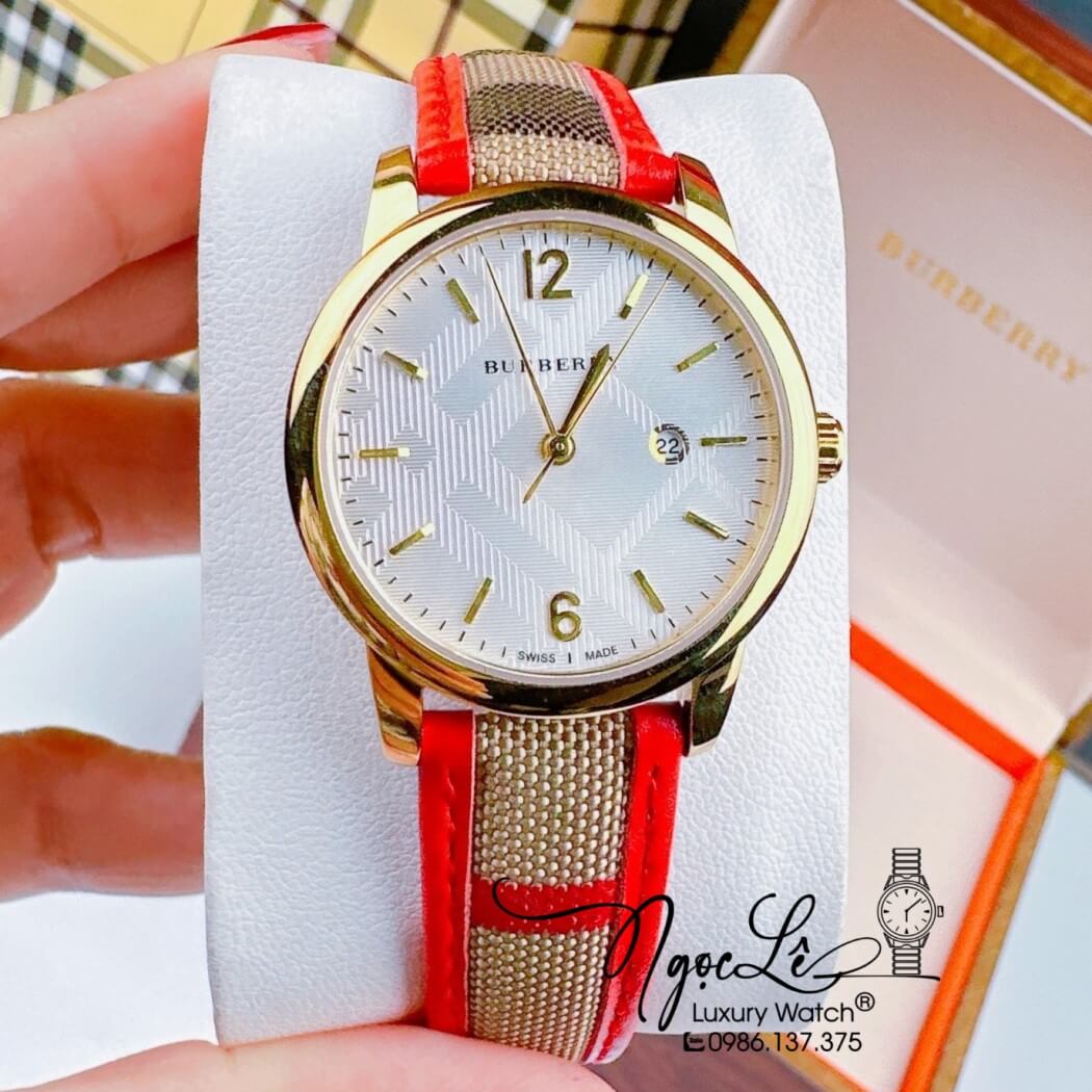 Đồng Hồ Burberry Nữ Dây Da Kẻ Sọc Caro Đỏ Vỏ Vàng Size 32mm