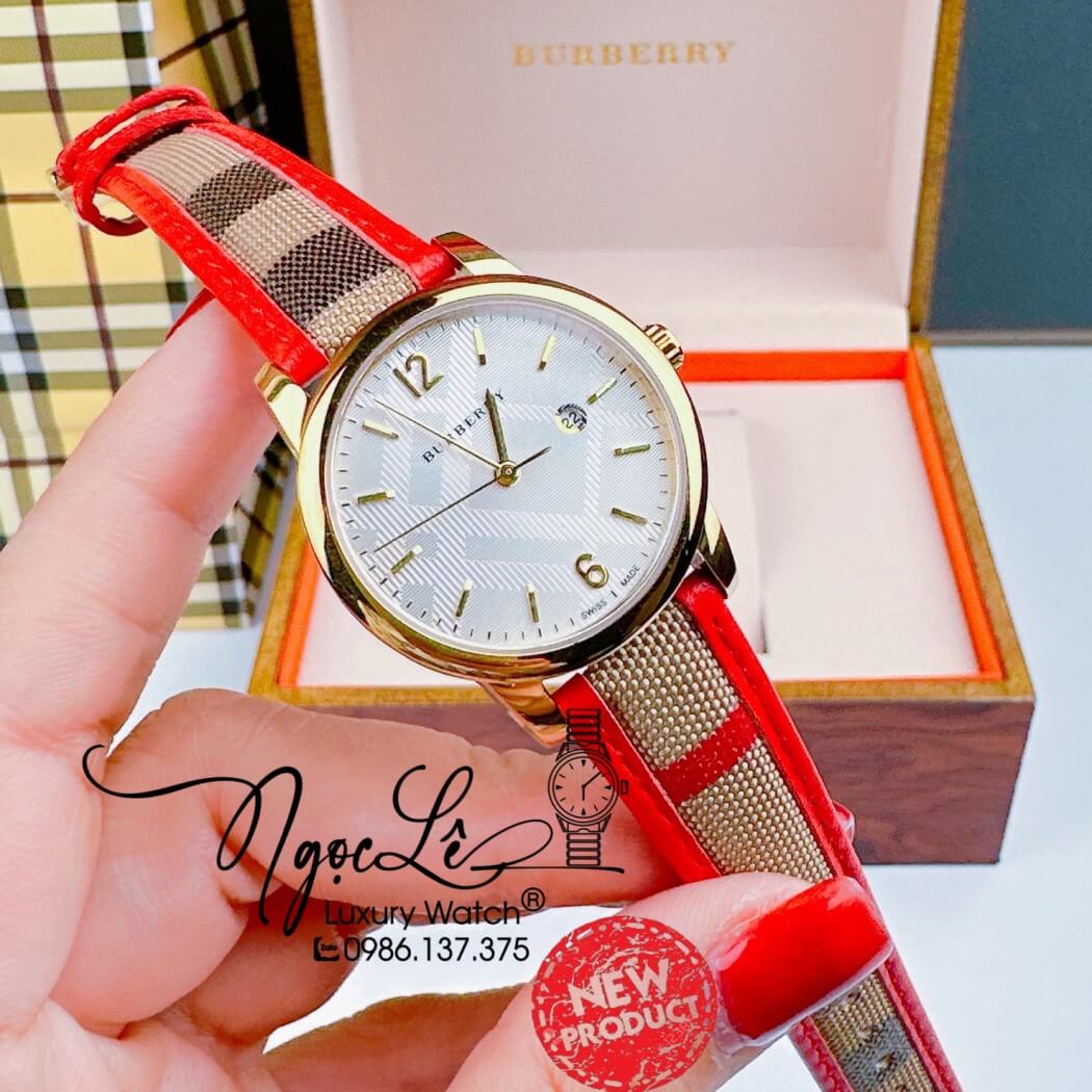 Đồng Hồ Burberry Nữ Dây Da Kẻ Sọc Caro Đỏ Vỏ Vàng Size 32mm