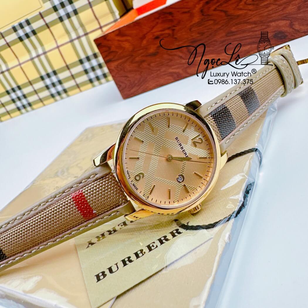 Đồng Hồ Burberry Nữ Dây Da Kẻ Sọc Caro Màu Nude Mặt Vàng Size 32mm