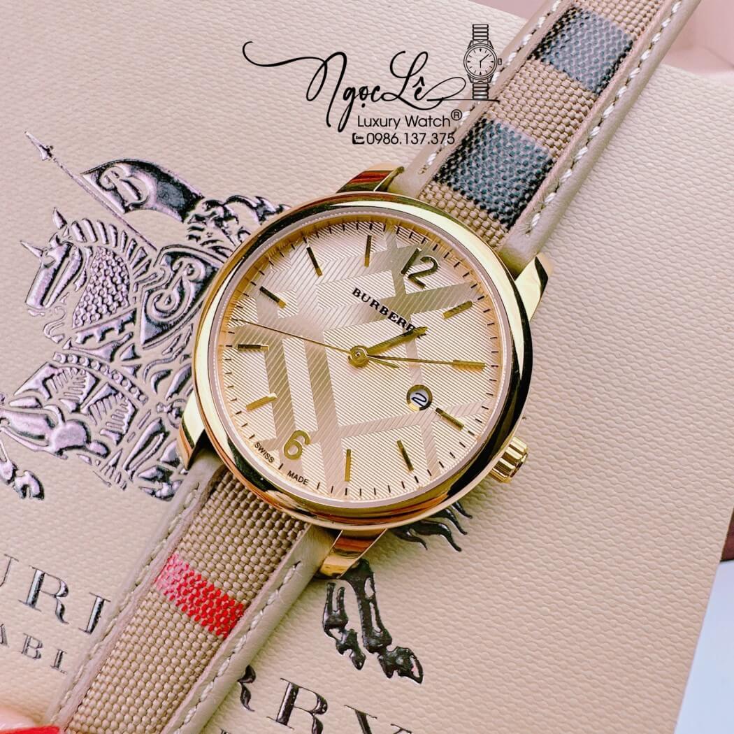 Đồng Hồ Burberry Nữ Dây Da Kẻ Sọc Caro Màu Nude Mặt Vàng Size 32mm