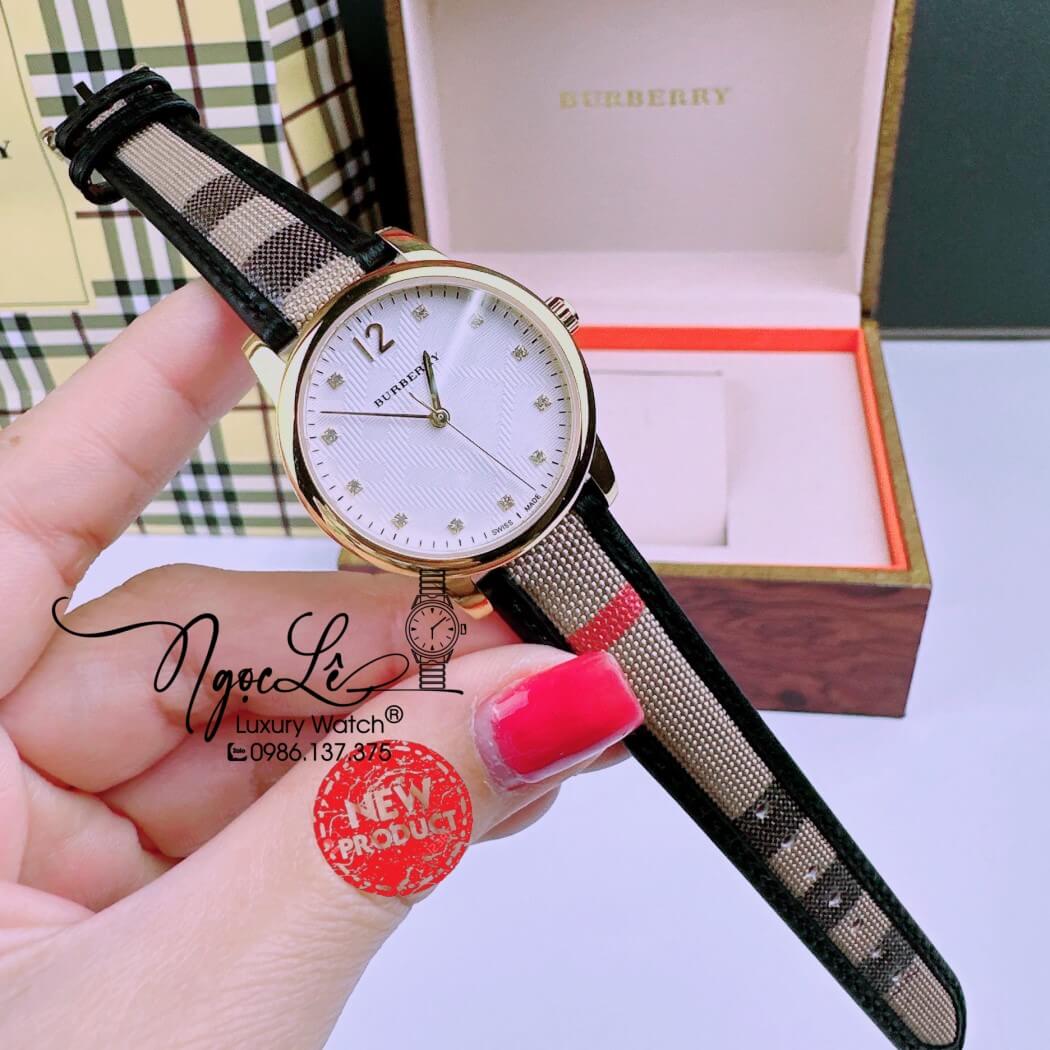 Đồng Hồ Burberry Nữ Dây Da Kẻ Sọc Caro Viền Đen Vỏ Vàng Size 32mm