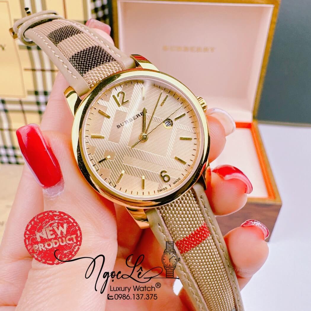 Đồng Hồ Burberry Nữ Dây Da Kẻ Sọc Caro Màu Nude Mặt Vàng Size 32mm