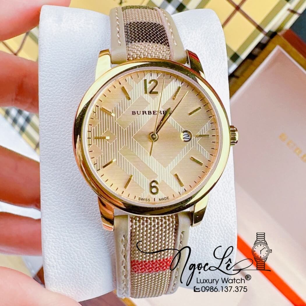 Đồng Hồ Burberry Nữ Dây Da Kẻ Sọc Caro Màu Nude Mặt Vàng Size 32mm