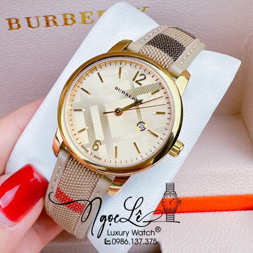 Đồng Hồ Burberry Nữ Dây Da Kẻ Sọc Caro Màu Nude Mặt Vàng Size 32mm