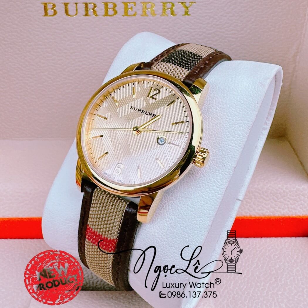 Đồng Hồ Burberry Nữ Dây Da Kẻ Sọc Caro Màu Nâu Mặt Vàng Size 32mm