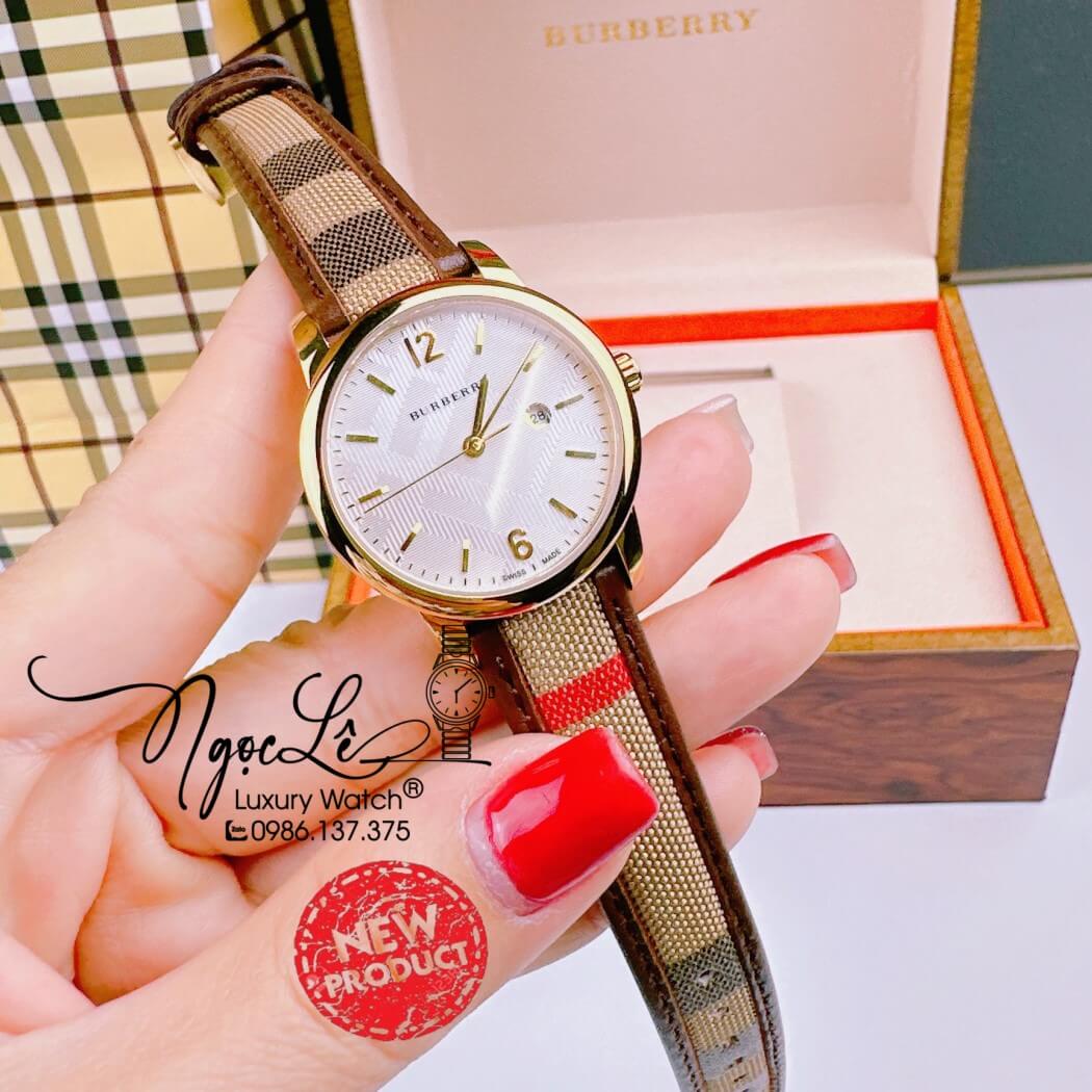 Đồng Hồ Burberry Nữ Dây Da Kẻ Sọc Caro Màu Nâu Vỏ Vàng Size 32mm