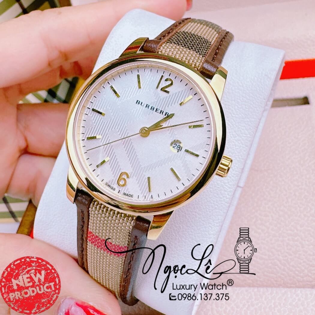 Đồng Hồ Burberry Nữ Dây Da Kẻ Sọc Caro Màu Nâu Vỏ Vàng Size 32mm