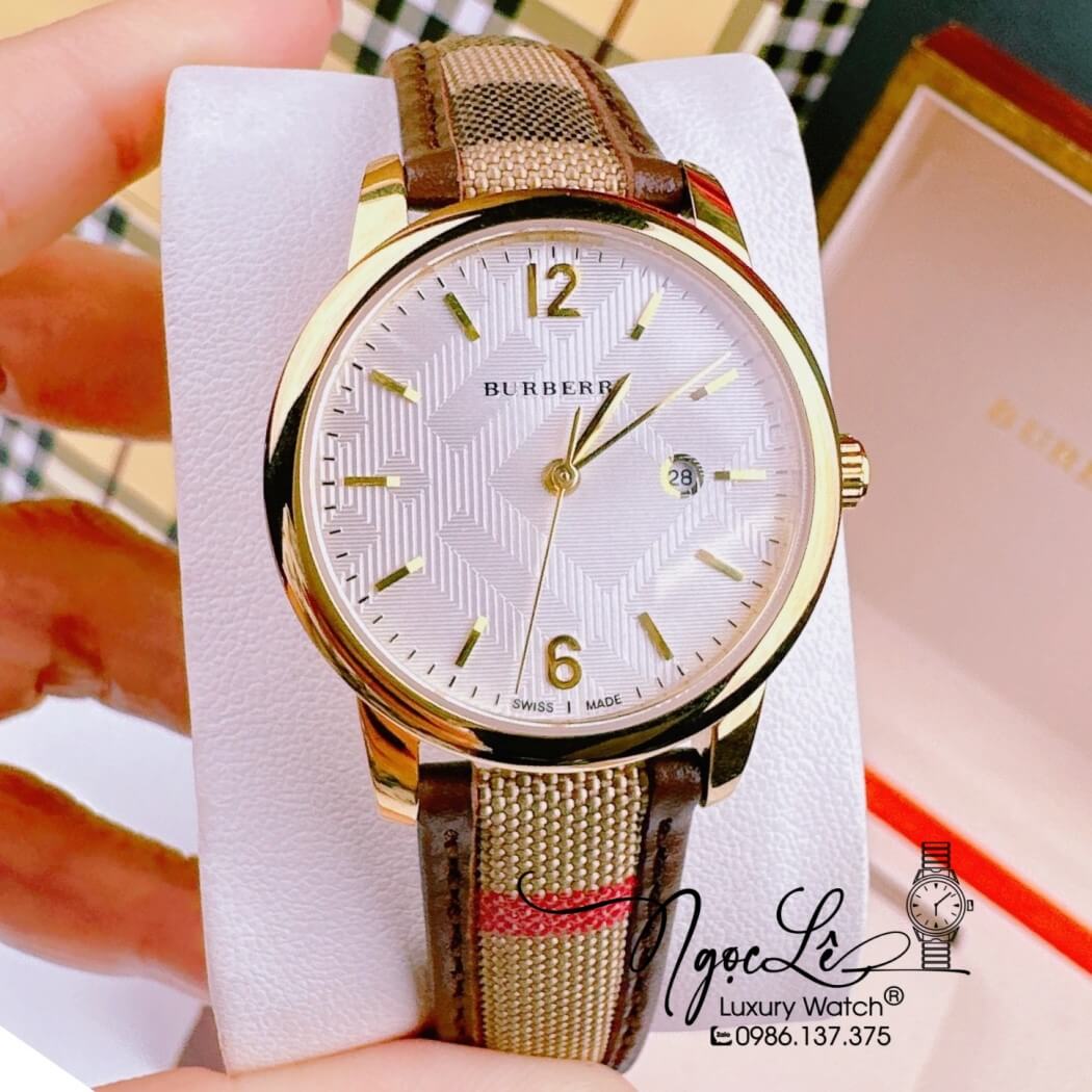 Đồng Hồ Burberry Nữ Dây Da Kẻ Sọc Caro Màu Nâu Vỏ Vàng Size 32mm