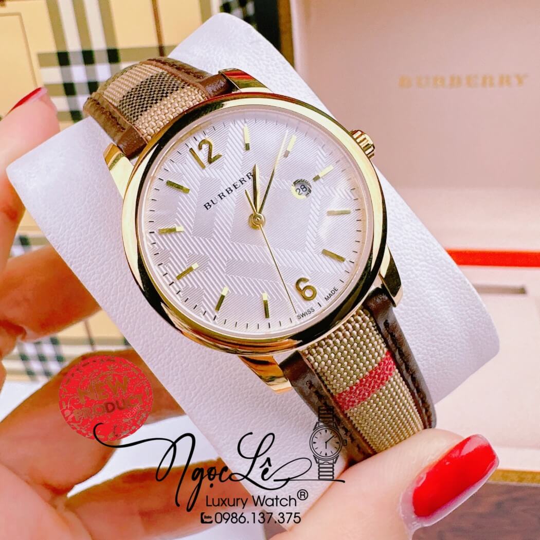 Đồng Hồ Burberry Nữ Dây Da Kẻ Sọc Caro Màu Nâu Vỏ Vàng Size 32mm