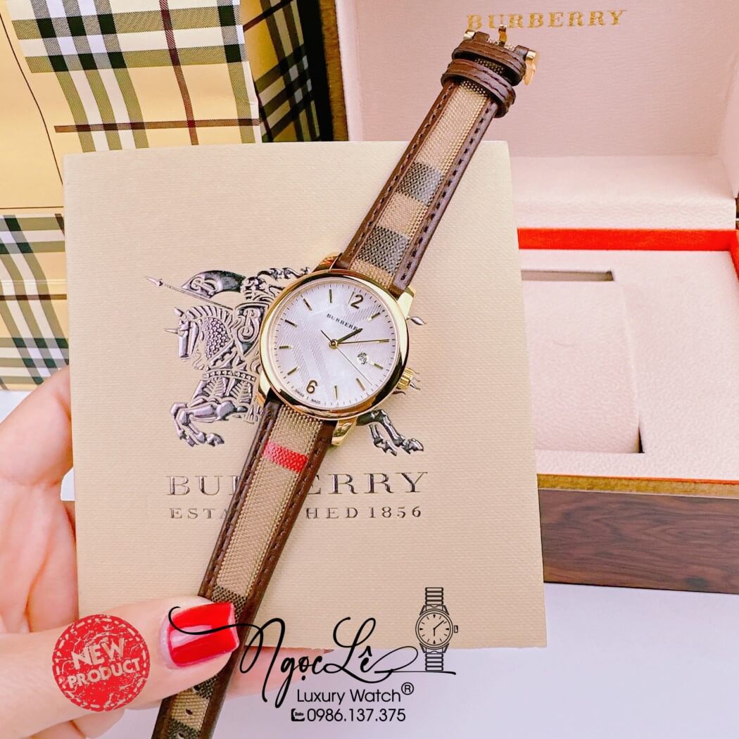 Đồng Hồ Burberry Nữ Dây Da Kẻ Sọc Caro Màu Nâu Vỏ Vàng Size 32mm