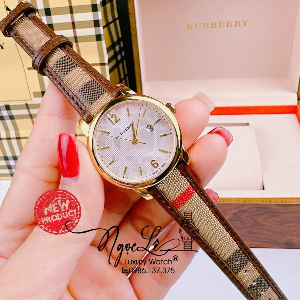 Đồng Hồ Burberry Nữ Dây Da Kẻ Sọc Caro Màu Nâu Vỏ Vàng Size 32mm