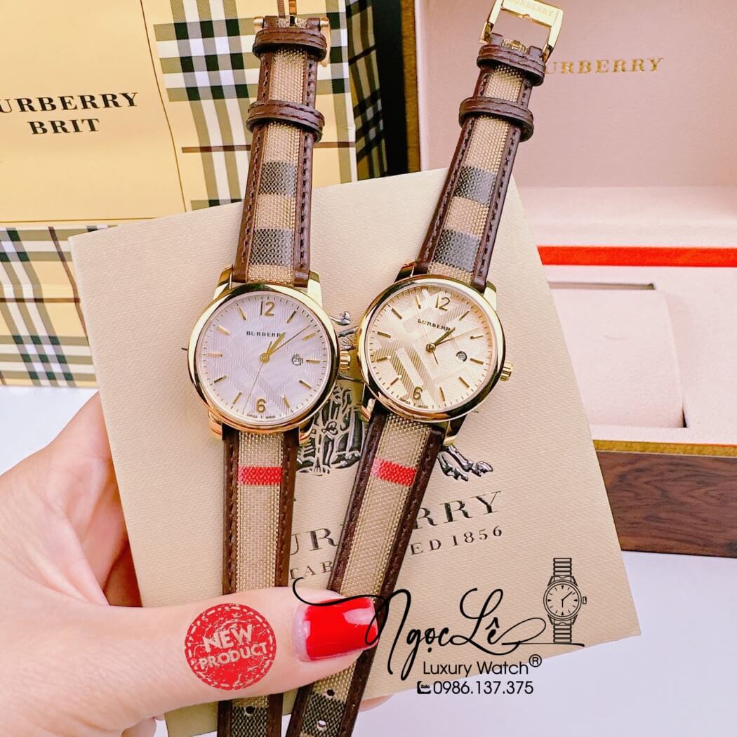 Đồng Hồ Burberry Nữ Dây Da Kẻ Sọc Caro Màu Nâu Mặt Vàng Size 32mm