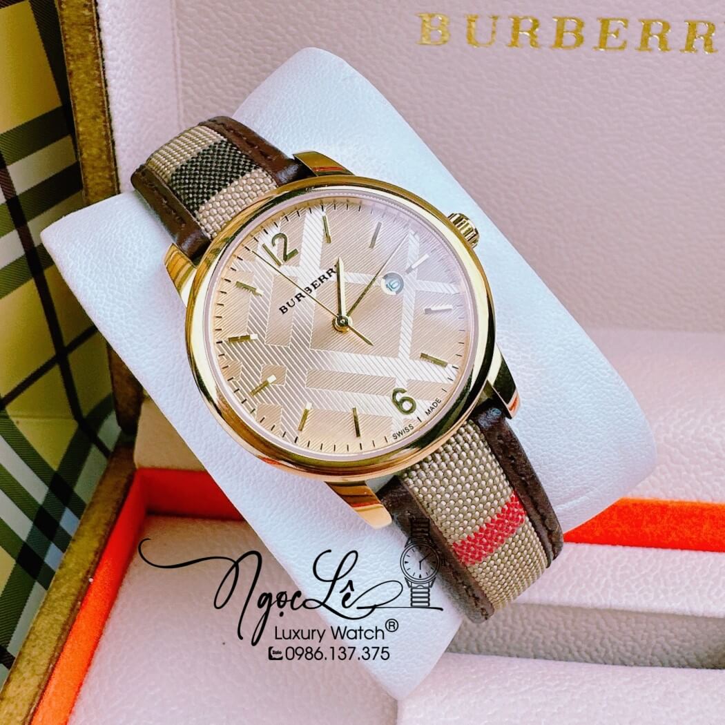 Đồng Hồ Burberry Nữ Dây Da Kẻ Sọc Caro Màu Nâu Mặt Vàng Size 32mm