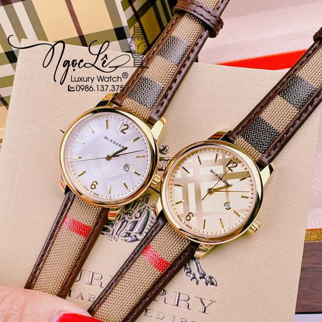 Đồng Hồ Burberry Nữ Dây Da Kẻ Sọc Caro Màu Nâu Mặt Vàng Size 32mm