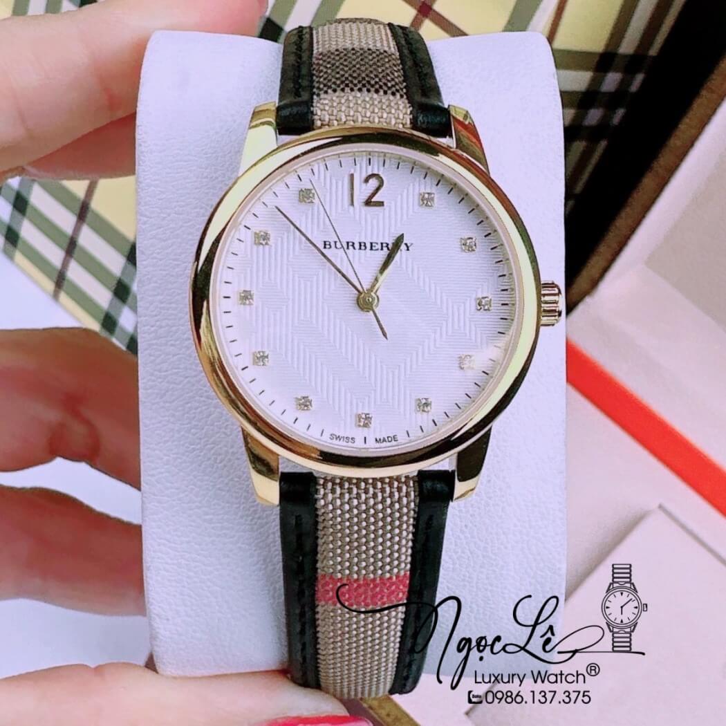 Đồng Hồ Burberry Nữ Dây Da Kẻ Sọc Caro Viền Đen Vỏ Vàng Size 32mm