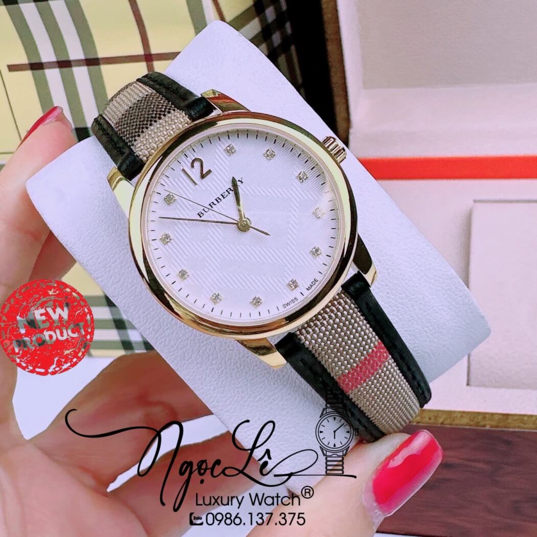 Đồng Hồ Burberry Nữ Dây Da Kẻ Sọc Caro Viền Đen Vỏ Vàng Size 32mm