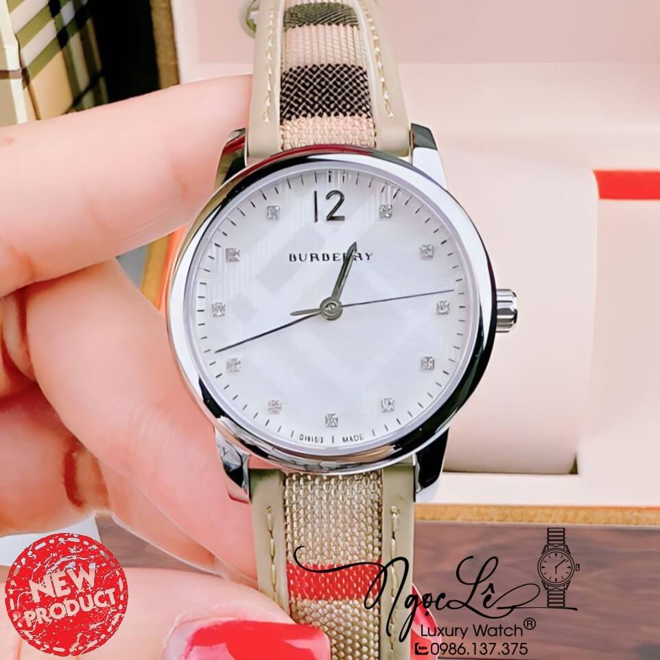 Đồng Hồ Burberry Nữ Dây Da Kẻ Sọc Caro Màu Nude Mặt Trắng Size 32mm