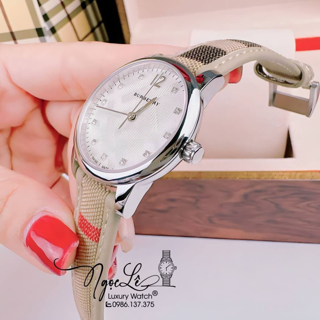 Đồng Hồ Burberry Nữ Dây Da Kẻ Sọc Caro Màu Nude Mặt Trắng Size 32mm